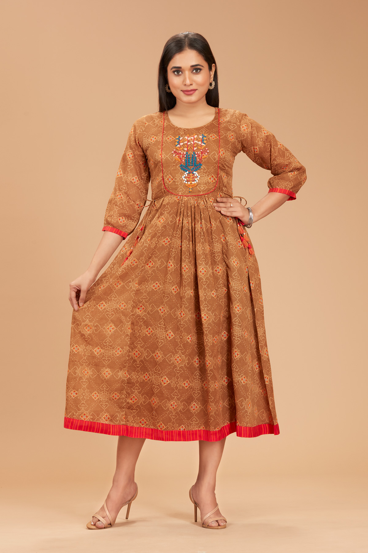 Brown Printed Flair Dress